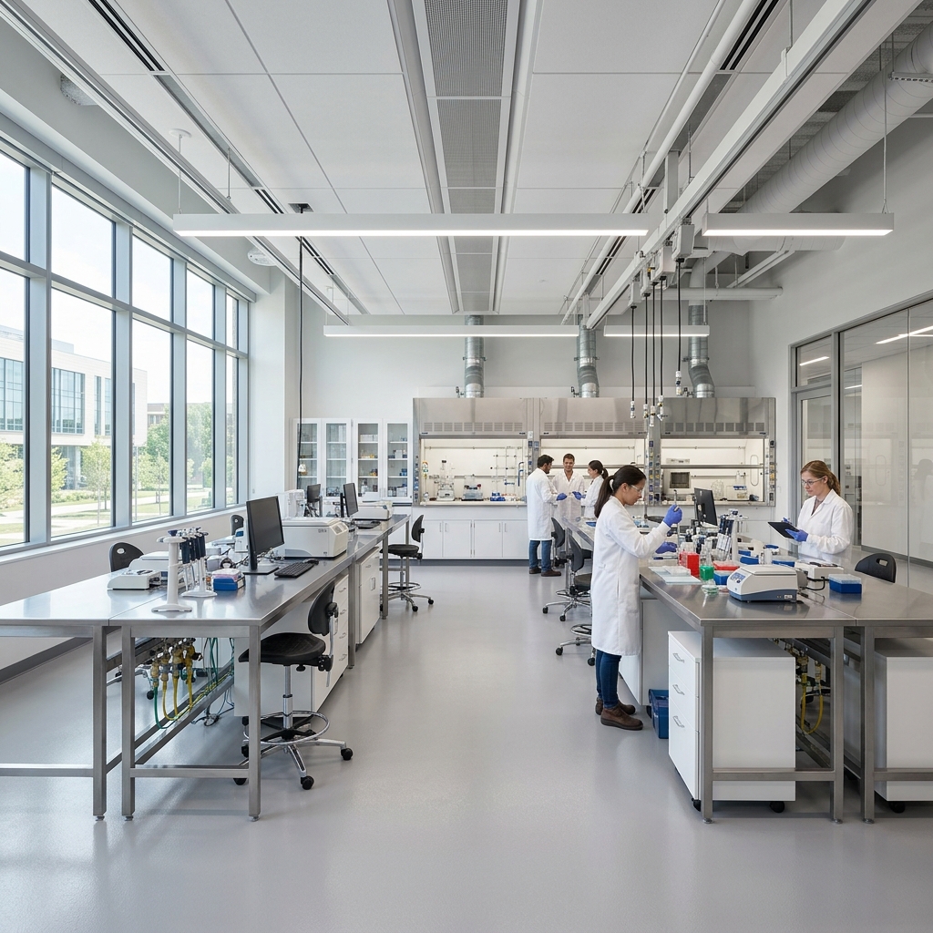 Laboratory furniture installation with resilient flooring