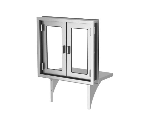 Pass-through window — interlocked transfer hatch