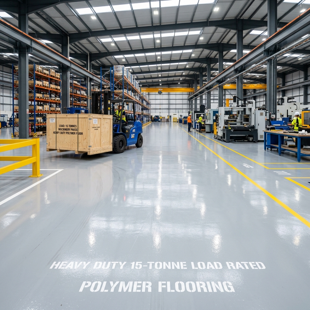 Polymer industrial flooring in a manufacturing facility